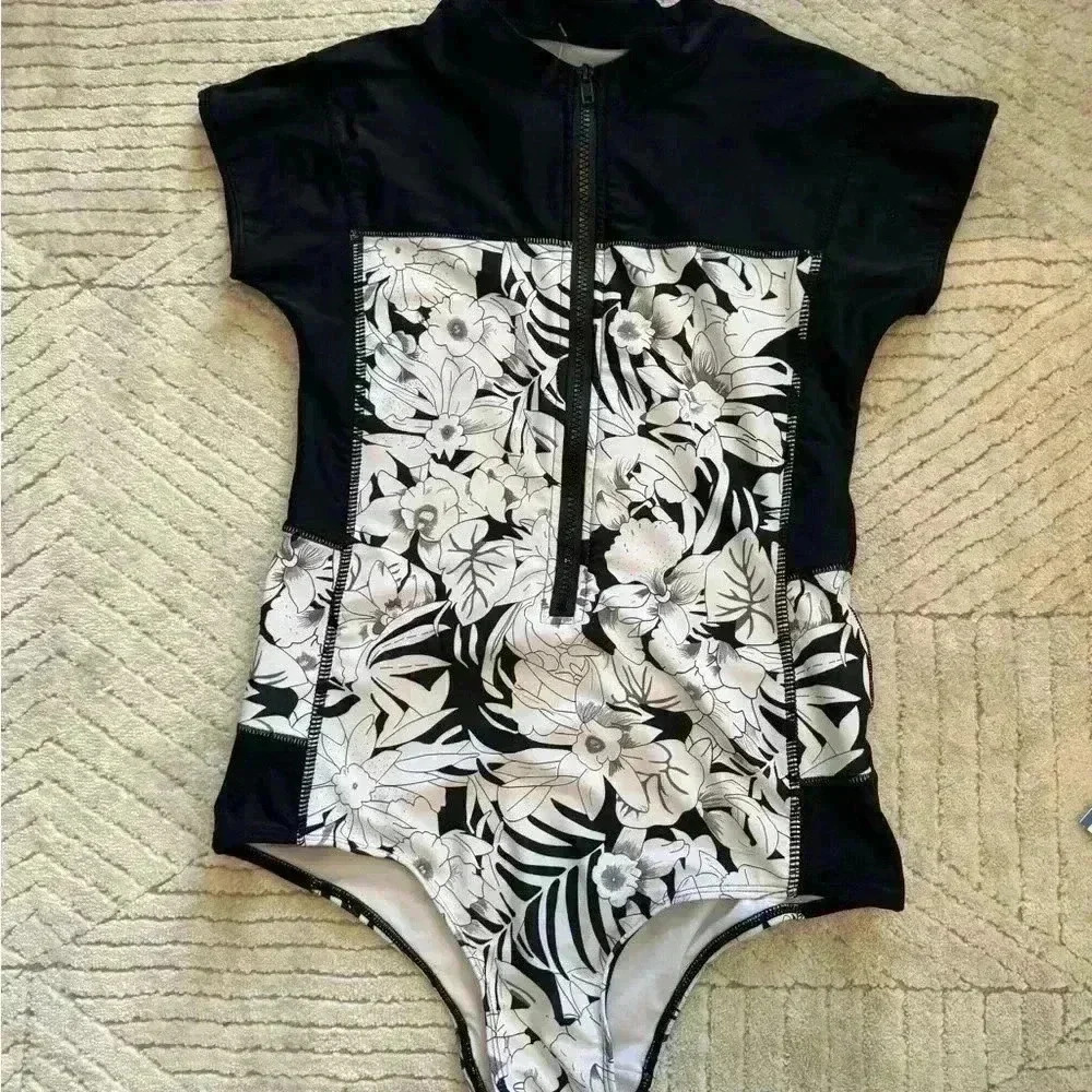 Source Unknown Black & White Floral One-Piece Swimsuit
